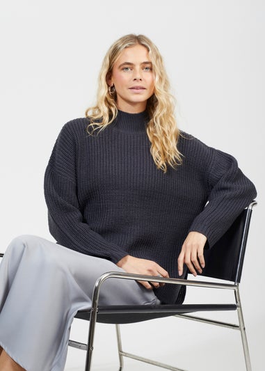 Brave Soul Charcoal Fisherman Knit Funnel Neck Jumper