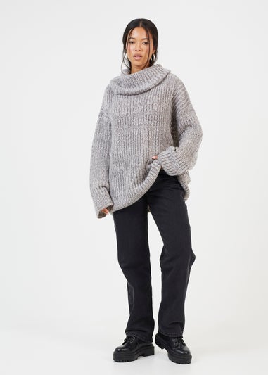 Brave Soul Grey Oversized Fisherman Knit Roll Neck Jumper