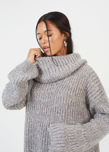 Brave Soul Grey Oversized Fisherman Knit Roll Neck Jumper