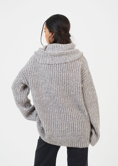 Brave Soul Grey Oversized Fisherman Knit Roll Neck Jumper