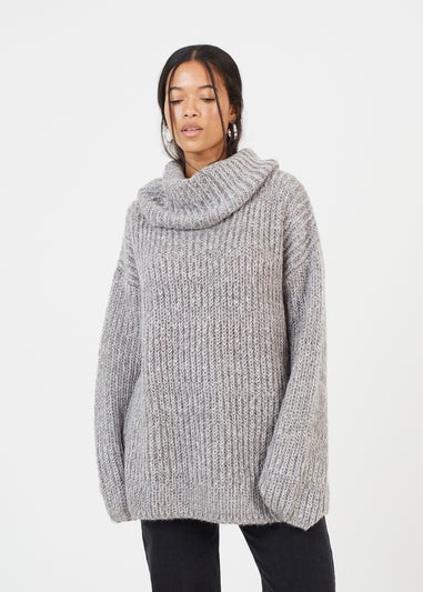 Brave Soul Grey Oversized Fisherman Knit Roll Neck Jumper