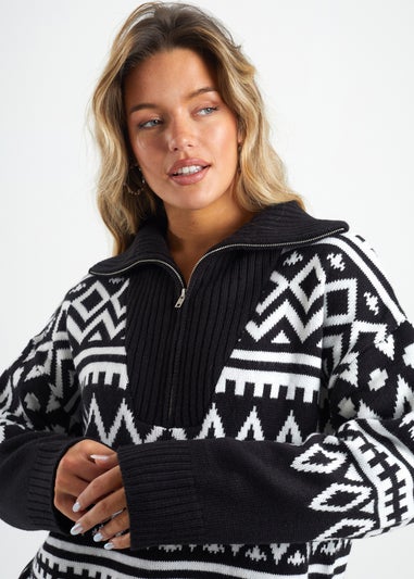 Brave Soul Black Oversized Zip Neck Knitted Pattern Jumper