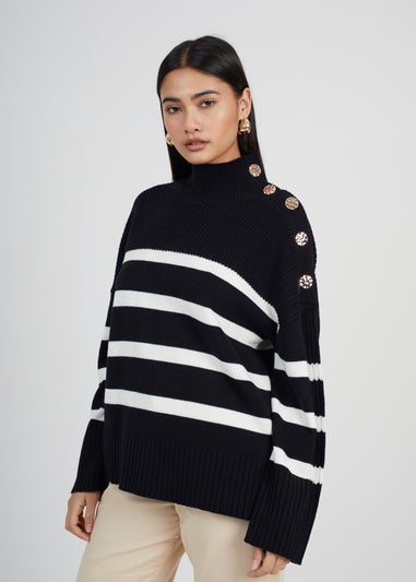 Brave Soul Black Button Detail Striped Turtleneck Jumper