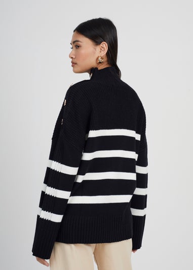 Brave Soul Black Button Detail Striped Turtleneck Jumper