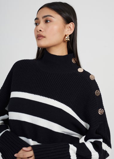 Brave Soul Black Button Detail Striped Turtleneck Jumper