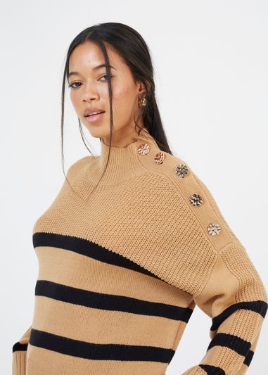 Brave Soul Camel Button Detail Striped Turtleneck Jumper