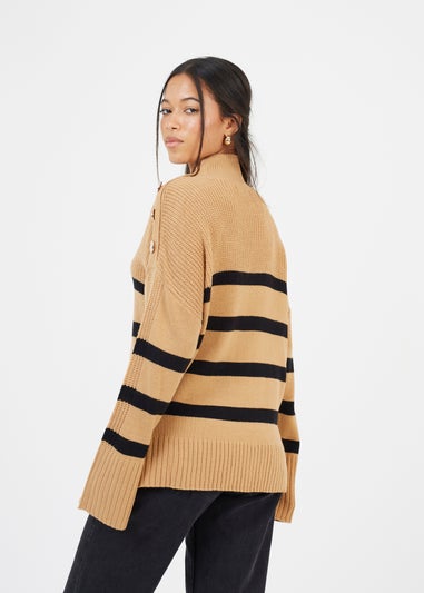 Brave Soul Camel Button Detail Striped Turtleneck Jumper