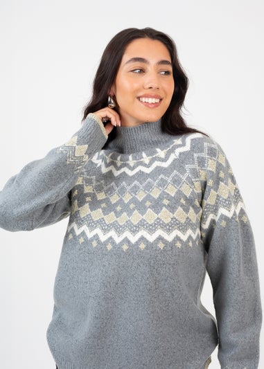 Brave Soul Grey Fairisle Turtleneck Jumper