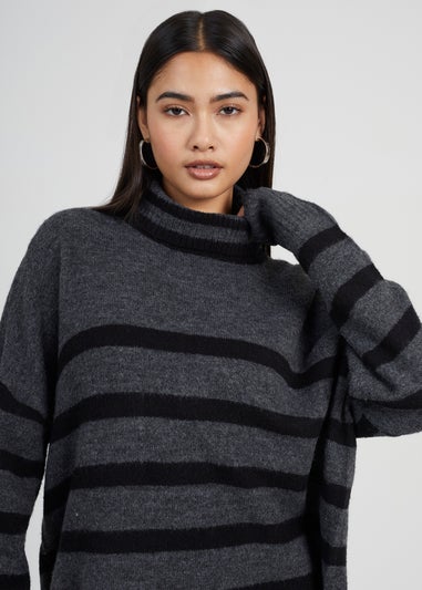 Brave Soul Charcoal Oversized Striped Roll Neck Jumper