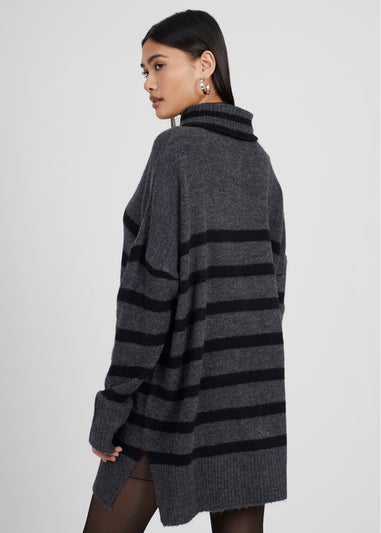 Brave Soul Charcoal Oversized Striped Roll Neck Jumper