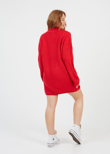 Brave Soul Red Oversized Fisherman Knit Turtleneck Jumper