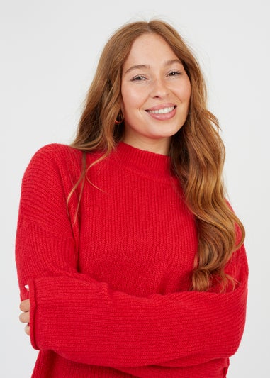 Brave Soul Red Oversized Fisherman Knit Turtleneck Jumper