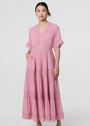 Izabel London Pink Lace Trim Angel Sleeve Maxi Dress