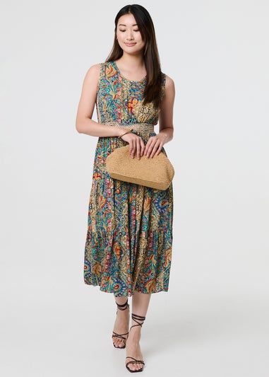 Izabel London Beige Mosaic Print Sleeveless Midi Smock Dress