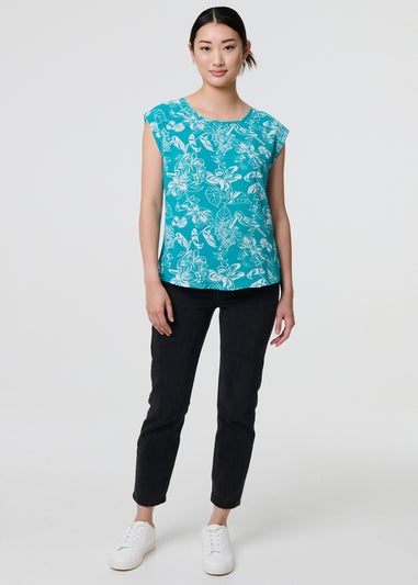 Izabel London Green Floral Turn-Up Cap Sleeve Shell Top