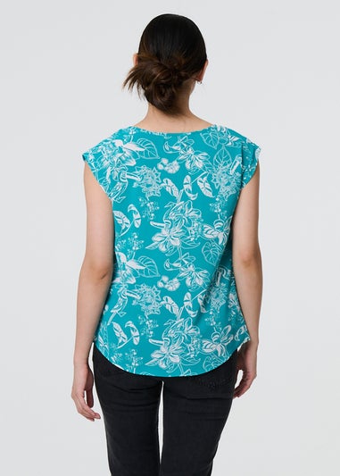 Izabel London Green Floral Turn-Up Cap Sleeve Shell Top