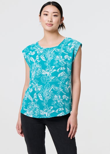 Izabel London Green Floral Turn-Up Cap Sleeve Shell Top