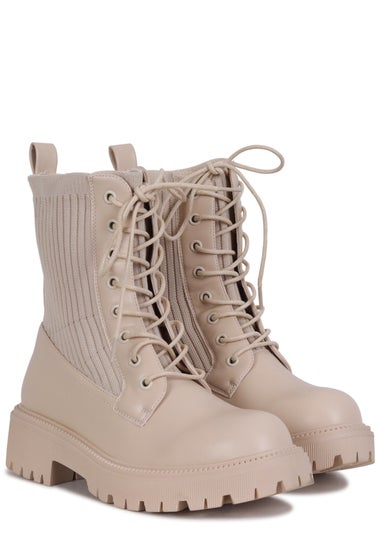 Linzi Blizzard Beige Faux Leather And Knit Chunky Military Boots