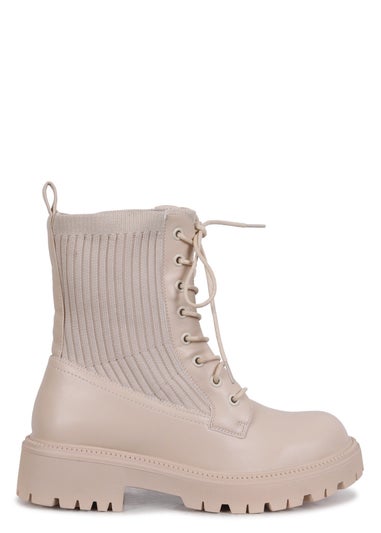 Linzi Blizzard Beige Faux Leather And Knit Chunky Military Boots