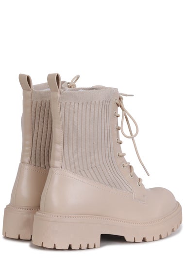 Linzi Blizzard Beige Faux Leather And Knit Chunky Military Boots