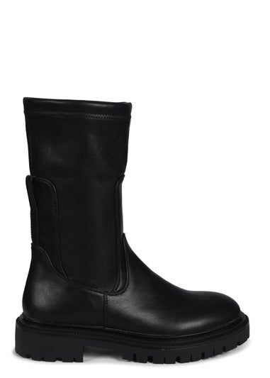 Linzi Peggy Black Faux Leather Pull On Mid Chelsea Boot