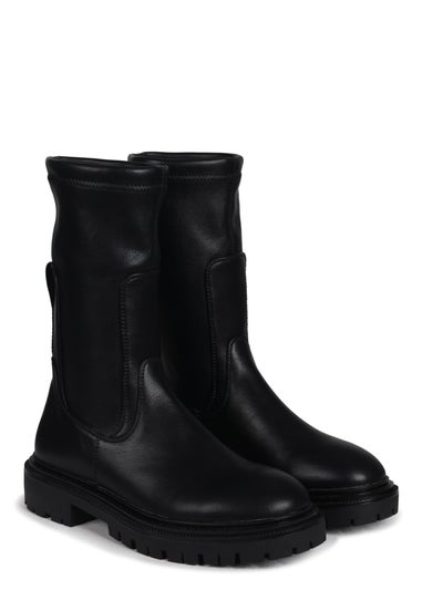 Linzi Peggy Black Faux Leather Pull On Mid Chelsea Boot