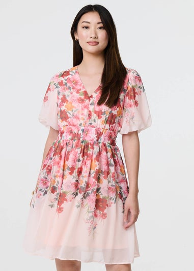 Izabel London Pink Floral Print Angel Sleeve Mini Dress