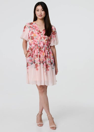 Izabel London Pink Floral Print Angel Sleeve Mini Dress