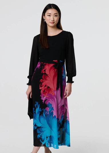 Izabel London Black Floral Contrast Print Tie Waist Midi Dress