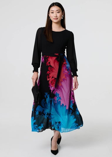 Izabel London Black Floral Contrast Print Tie Waist Midi Dress