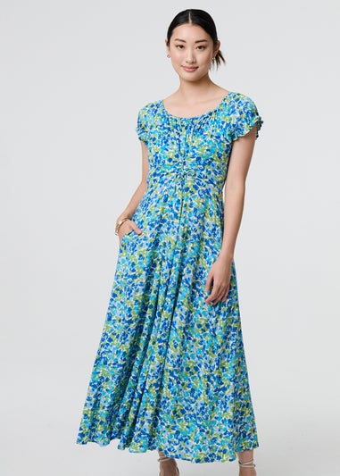 Izabel London Blue Ditsy Floral Bardot Smock Midi Dress