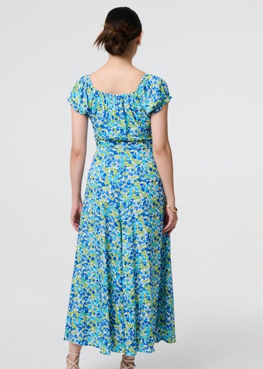 Izabel London Blue Ditsy Floral Bardot Smock Midi Dress