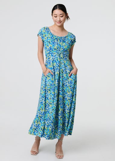 Izabel London Blue Ditsy Floral Bardot Smock Midi Dress