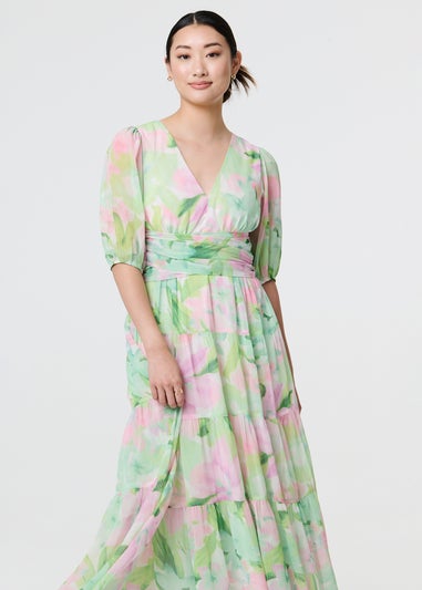 Izabel London Green Floral Puff Sleeve Tiered Maxi Gown