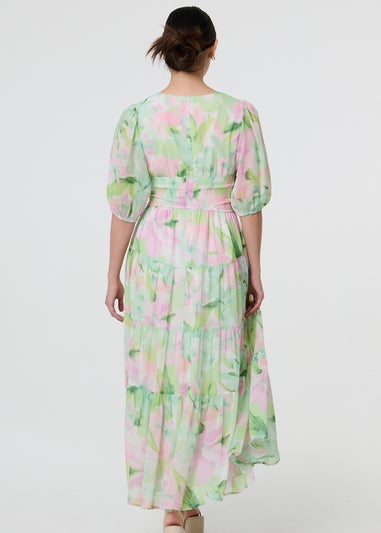 Izabel London Green Floral Puff Sleeve Tiered Maxi Gown