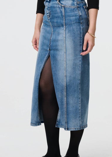 Izabel London Blue Washed Denim Split Hem Knee Length Skirt