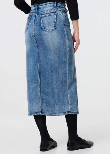 Izabel London Blue Washed Denim Split Hem Knee Length Skirt