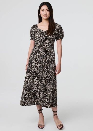 Izabel London Beige Animal Print Short Puff Sleeve Maxi Dress