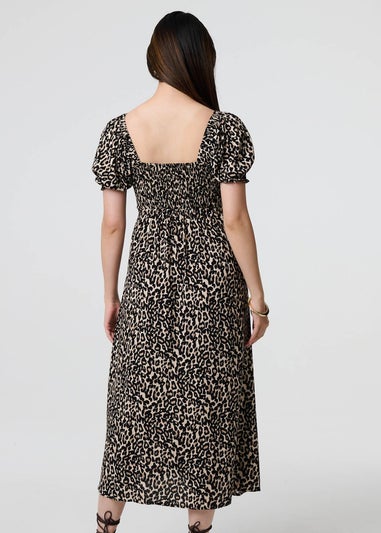 Izabel London Beige Animal Print Short Puff Sleeve Maxi Dress