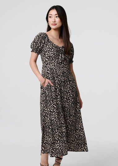 Izabel London Beige Animal Print Short Puff Sleeve Maxi Dress