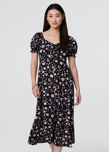 Izabel London Blue Polka Dot Print Tie Neck Midi Dress