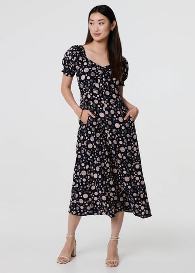 Izabel London Blue Polka Dot Print Tie Neck Midi Dress