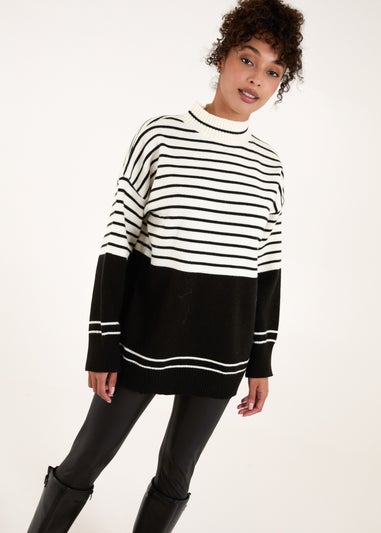 Blue Vanilla Black/White Mixed Stripe Round Neck Jumper