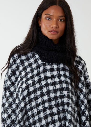 Blue Vanilla Black Check Roll Neck Poncho