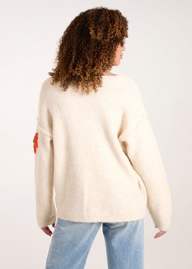 Blue Vanilla Beige Flower Knit Embroidery V Neck Jumper