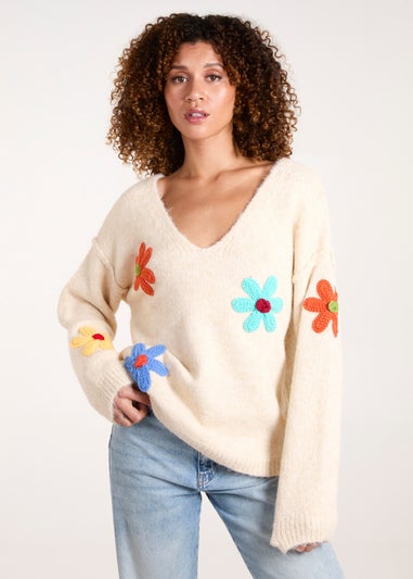 Blue Vanilla Beige Flower Knit Embroidery V Neck Jumper