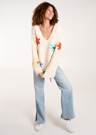 Blue Vanilla Beige Flower Knit Embroidery V Neck Jumper