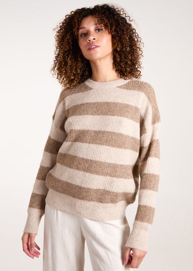 Blue Vanilla Beige Stripe Rib Knit Jumper