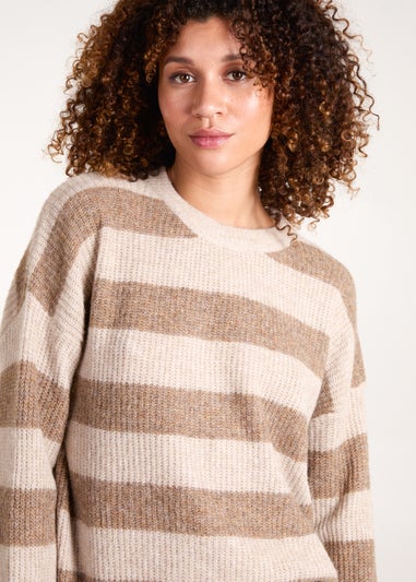 Blue Vanilla Beige Stripe Rib Knit Jumper