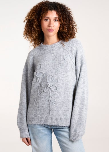 Blue Vanilla Grey Knit Flower Embroidery Cropped Jumper